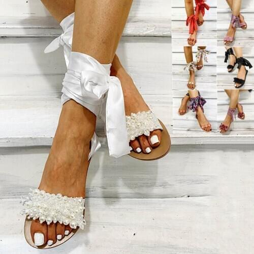 2020 Handmade Sandals Women Flat Sandals Ankle Strap Beaded Special Plus Size shoes for Women Beach Sandals