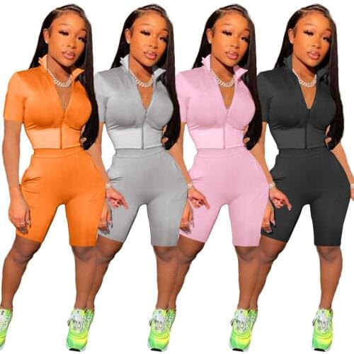 2021 Women Fashion Casual 2 piece sets womens outfits Solid Color Turn-down Collar Long Sleeve Tops and biker Shorts