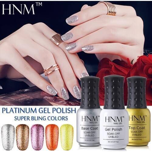 HNM 8ml Bling Nail Polish Neon Nail Varnishes UV Lamp Nail lacquer Vernis a ongle Nagell Vernis Semi Permanent Base Top Coat