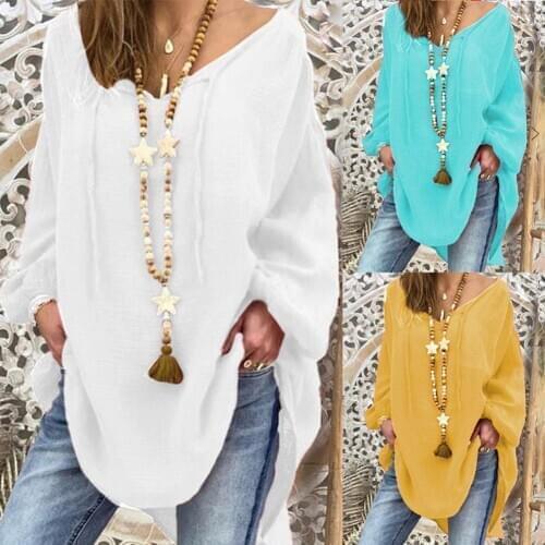 Plus Size Women Solid Color Long Puff Sleeve V Neck Straps Loose Blouse Womens Clothing футболка ropa de mujer 2020