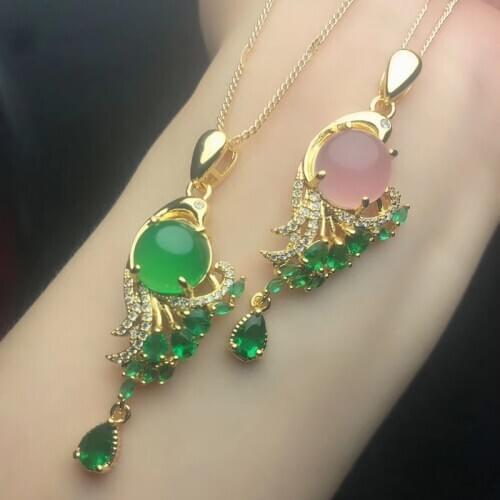 Ethnic Gold Color 925 Sterling Silver Chain Choker Necklaces Natural Jade Emerald Peacock Pendants Necklaces Charm Women Jewelry