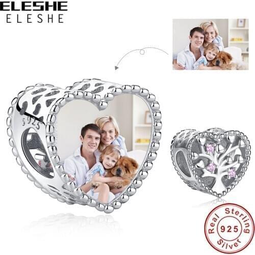 ELESHE 100% 925 Sterling Silver Family Tree Of Life Round Charms Customize Photo Beads Fit Bracelets DIY Making Fashion Jewelry