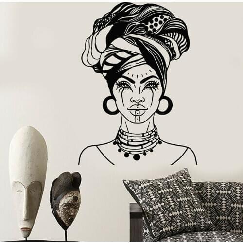 Artistic Wall Decal African Woman Head Turban Native Face Tattoos Vinyl Wall Stickers Home Decor Living Room Beauty Slaon Z152