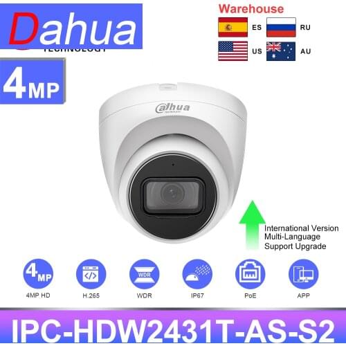 Dahua Original IP camera 4MP Starlight Camera IPC-HDW2431T-AS POE camera MiC SD Card Slot H.265 IP67 IVS IPC