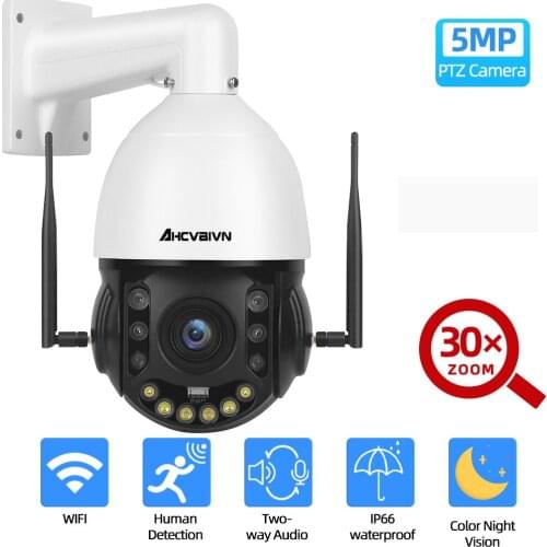 Auto Tracking Outdoor 2MP 5MP Wifi PTZ IP Camera Two Way Audio 30X Optical Zoom IR 80m Waterproof Color Night Vision CCTV Camera