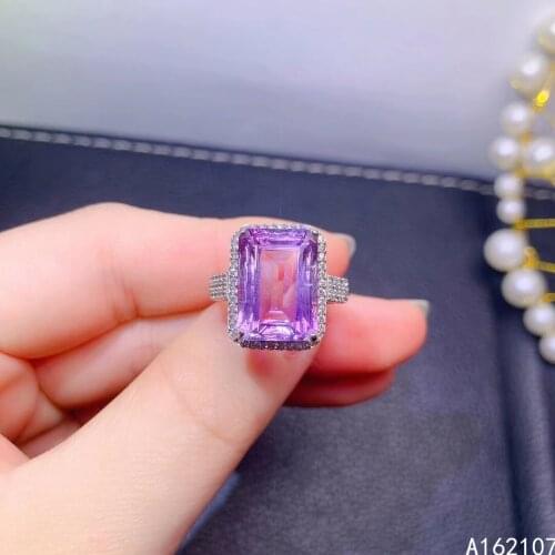 Exquisite Jewelry 925 Sterling Silver Gemstone Womens Luxury Exquisite Rectangular Amethyst Adjustable Ring Support Detection