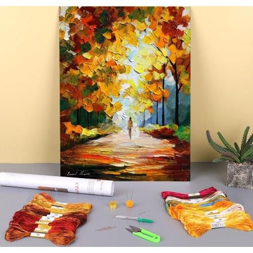Oil Painting Style Fall Park Printed Canvas 11CT Cross-Stitch Patterns Embroidery DMC Threads Painting Handiwork Promotions