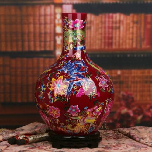 Classic Jingdezhen Handmade Lagre Rose Red Dragon and Phoenix Ceramic Flower Vases For Home Decoration