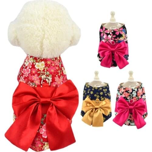 Pet Cherry Blossoms Clothes Bowknot Print Harness and Leash Set Floral Vest Harness For Puppy Cat Kimono Japanese Shirt