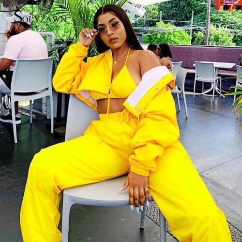 Sexy Gothic Fashion Womens Jogger Two Piece Set Streetwear Jacket Crop Top Pants Autumn Winter Korean Yellow Blue Red Outfits