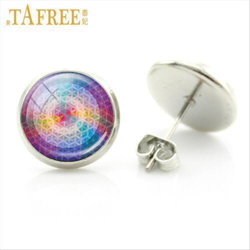 TAFREE Colorful Flower of Life Stud Earrings Fashion beautiful mandala Religious round Glass cabochon Henna Zan jewlery H371