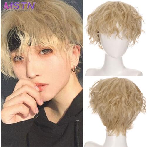 MSTN Men Short Curly Wig Ombre Golden Brown Synthetic Cosplay Wig White for Male Hair Fleeciness Realistic Natural Headgear