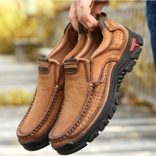 QWEDF Genuine Leather Shoes Men Cow Leather Casual Shoes Male Outdoor High Quality Men Flats Walking Lace-Up Man Footwear D8-49