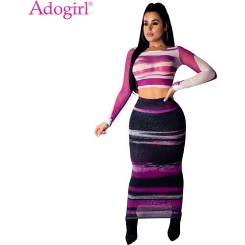 Adogirl Stripe Print Sheer Mesh Two Piece Set Dress Fashion Sexy Long Sleeve Crop Top Bodycon Maxi Skirt Women Club Party Dress