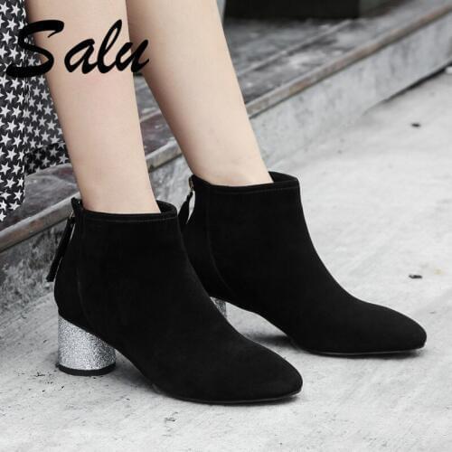 Salu Boots Women Kid Suede Leather Zipper Autumn Winter Round Heels Ankle Boots Party Shoes Woman Black Gray Big Size 41 42 43