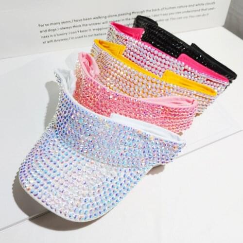 Women Summer Glitter Rhinestone Sun Hat Shiny Wide Brim Breathable Empty Top Hat Ladies Outdoor Riding UV Protection Caps