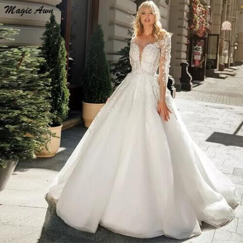 Magic Awn Long Sleeves Princess Wedding Dresses Lace Appliques Illusion Boho A-Line Mariage Gowns Lace Up Back Vestido Branco