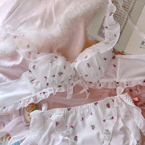 Japanese underwear sweet and cute chiffon floral skirt lace lingerie with panties suit gathered large size bra set girl