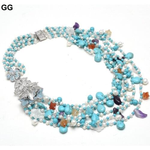 GuaiGuai Jewelry 6 Rows Pearl Blue Turquoise Red Carnelians Agate Amethysts Real Stone Necklace Handmade For Women CZ Flower