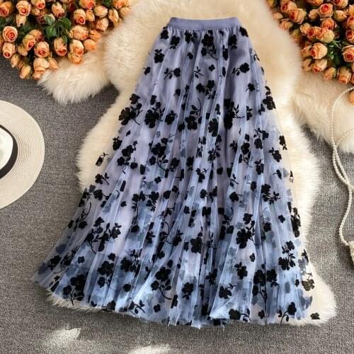 New Spring Autumn Women Elastic High Waist Slim Long Skirt Sweet Flowers Print Big Hem Mesh Skirt