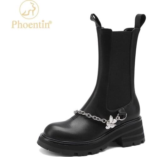 Phoentin new fashion chelsea boots for women 2021 Autumn Winter Round toe mid calf boots Genunine leather platform shoes FT1637