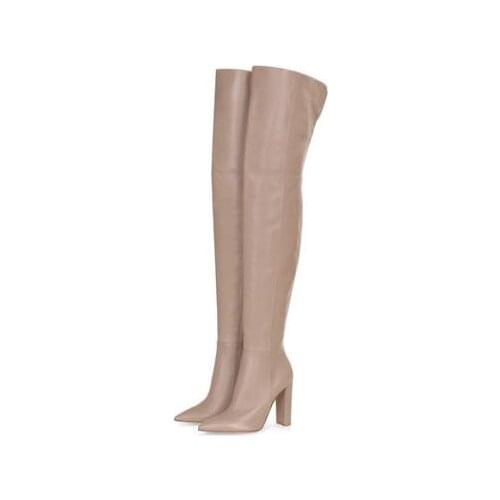 2021 Women Over The Knee Boots Square High Heels Leather Pointed Toe Long Boots Match All Sexy Shoes