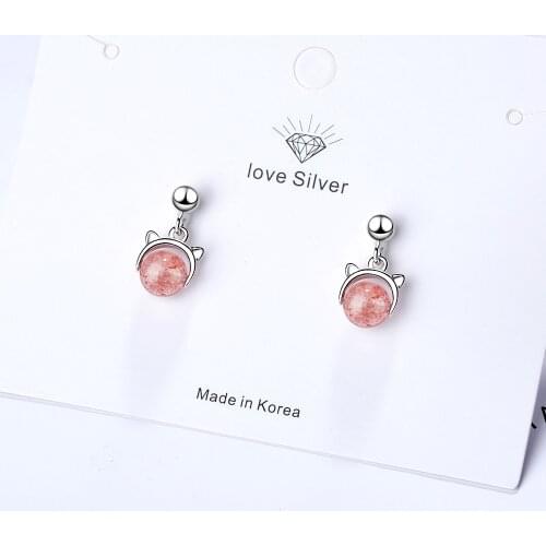 925 Sterling Silver Natural Strawberry Crystal Bead Animal Cat Shaped Drop Earrings For Women Christmas Jewelry S-E141