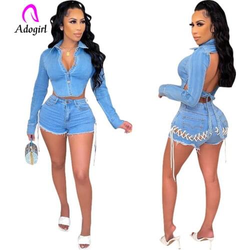 Denim Women 2 Piece Set Long Sleeve Button Up Shirts + Bandage High Waist Short Jeans Matching Set Sexy Backless Club Activewear