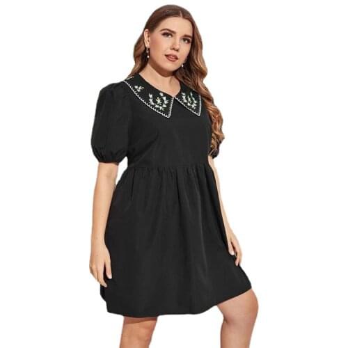 Summer Fashion Casual Black Embroidered Lapel Large Size Mini Short Sleeve Dress Womens Plus Size Short Skirt -40