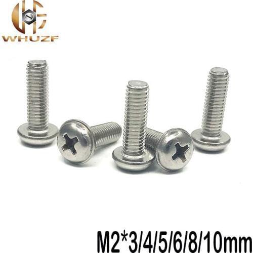 100pcs M2*3/4/5/6/8/10mm 304 stainless steel round head screws Pan head with pad screw With dental screw
