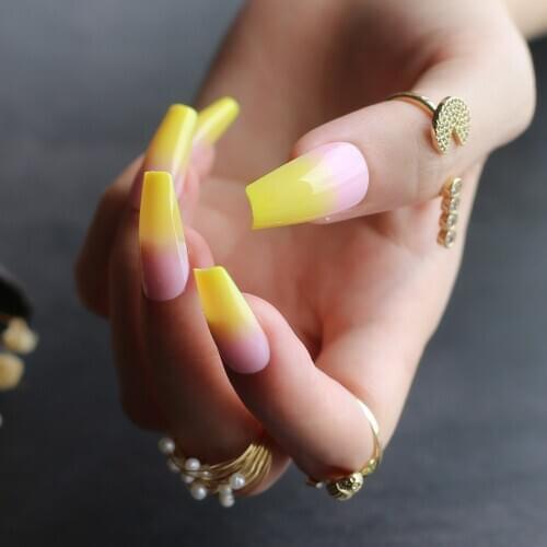 Long coffin yellow ombre false nails summer Cute pink gradient nails 24pcs ballet