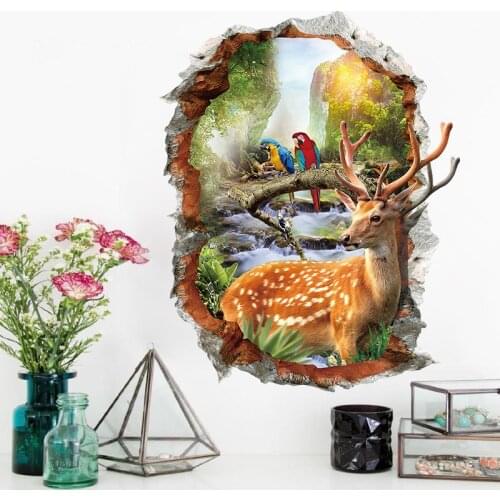 Broken Hole Landscape Deer 3D Wall Sticker Bedroom Room Decoration Self Adhesive Adesivi Murali