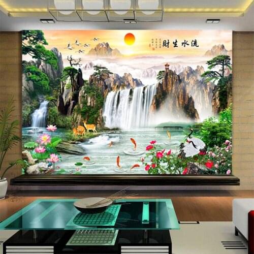 3D landscape painting rising sun rising water making wealth wallpaper TV background wall bedroom living room dining room mural
