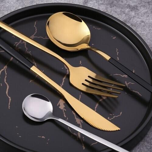 4Pcs Stainless Steel Dinnerware Kitchen Black Gold Cutlery Mirror Gold Tableware Knife Fork Spoon Full Set Silverware Flatware