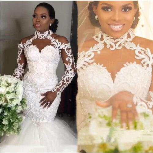 African Lace Mermaid Wedding Dresses New 2023 Beaded Pearls Long Bridal Gown High Neck Illusion Long Sleeves Retro Vestido