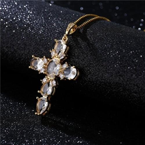 Big Size Statement Cross Pendant Necklace Gold Color Box Chain Luxury Crystal CZ Necklace For Men Women Wholesale