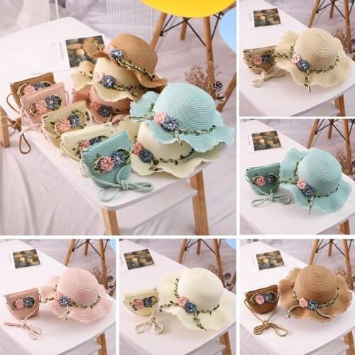 2021 Child Summer New Straw Hat 2-6Y Female Baby Girls Matching Hat Sun Flower Shade Hat Beach Korean Pot Beach Hat Bag Mat H6L5