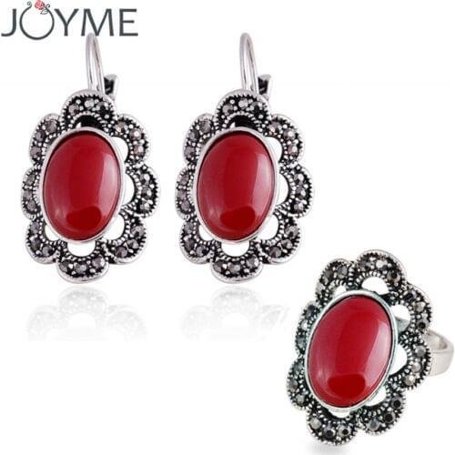 Joyme Turkish Ethnic Jewelry Royla Gem African Marquise Vintage Rose Hollow Out Flower Women Stunning Earring Ring Set