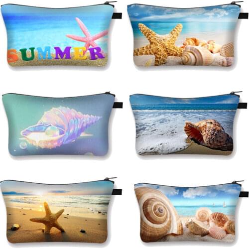 Starfish Shell Shape Makeup Bag Mirror 2X Magnifying Mirror Portable Travel Makeup Vanity Foldable Pocket Mirror Cosmetic Bag