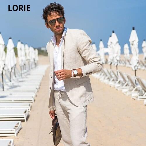 LORIE Summer Beach Light Beige Men Wedding Suit Custom Groom Wedding Tuxedo Summer Prom Party Wedding Business Suit 2020