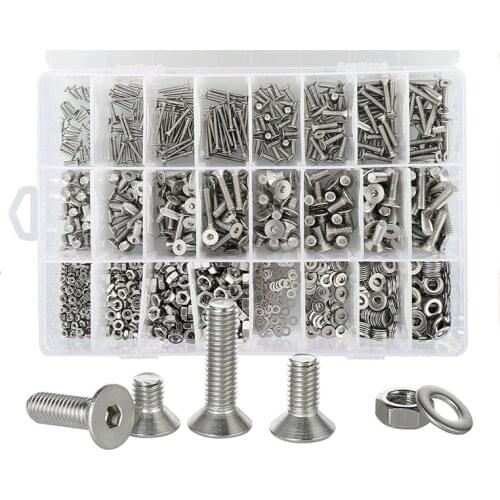 M2-M5 304 Countersunk Head Hexagon Socket Bolt Nut Flat Washer + 4 Spanner Stainless Steel Nut Set 1120pcs