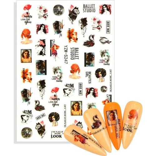 Fashion Girls Designs Back Glue Nail Stickers Decals Abstract Face Flora Cute Cartoon Anime Painting Slider Manicure Decoration