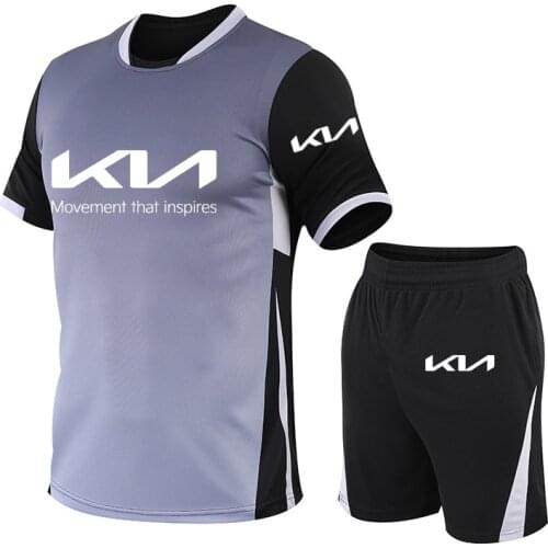 Fashion short sleeve New KIA Car Logo Printing Summer Casual Cotton High Quality Mens T-shirt + shorts two-piece suit