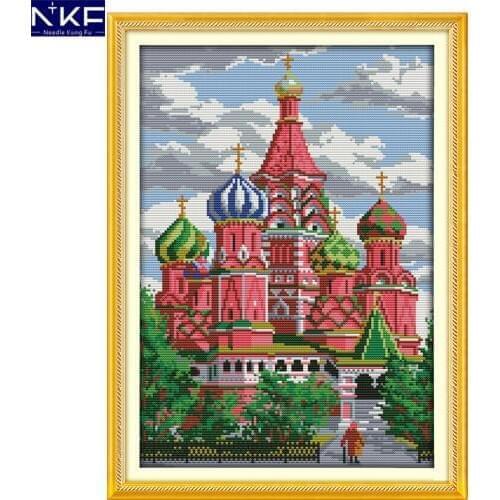 NKF Red Castle Stamped Cross Stitch Pattern DIY Kit Needlework Embroidery Sets Chinese Cross Stitch for Home Decoration