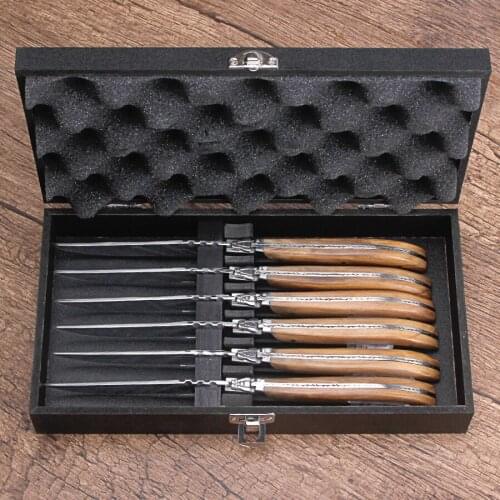 Quality 6 pieces western style dinner knife set with olive handle thickened blade steak knife in gift box set
