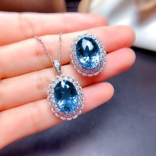 New Big Oval Sky Blue Topaz Jewelry Set CZ For Women Pave Gemstone CZ Pendant Necklace Ring Girlfriend Wedding Romantic Gift