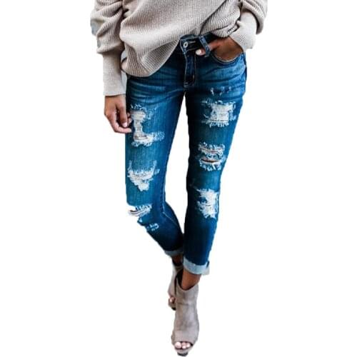 Autumn Women Vintage Jeans Fashion Bleached Ripped Hole Skinny Distressed Jeans Femme Casual Slim Denim Pencil Pants Pantalon