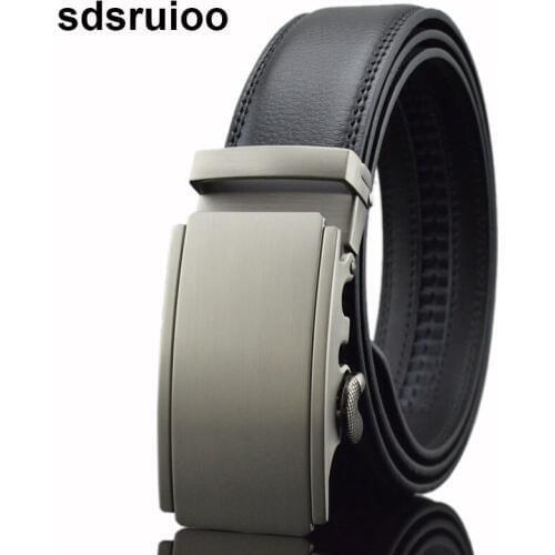 Concise Mens Automatic Buckle Belt Fashion Black White Genuine Leather Strap Waist Belts for Men 3.5cm Width