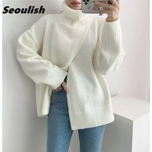 Seoulish 2021 New Winter Front Cross Knitting Sweaters Women Elegant Casual Loose Long Sleeve Turtleneck Pullovers Tops Female