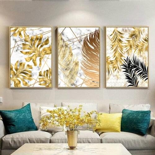 Nordic Plants Golden Leaf Canvas Painting Botanical Posters and Print Abstract Wall Art Pictures for Living Room Modern Decor